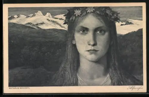 Künstler-AK Matthäus Schiestl: Alpenfee, Junge Frau mit Blumenkranz