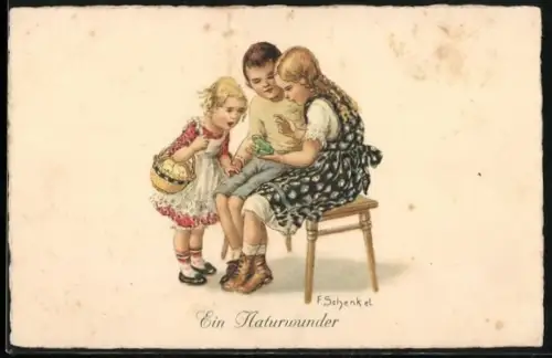 Künstler-AK Franziska Schenkel: Kinder begutachten einen Frosch