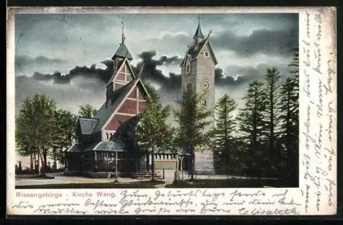 AK Brückenberg, Kirche Wang bei Gewitterstimmung, um 1900