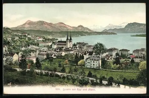 AK Luzern, Ortsansicht mit Rigi und Alpen