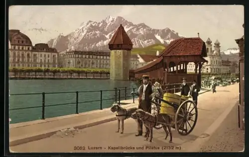 AK Luzern, Kapellbrücke mit Sanitätshunden und Pilatus
