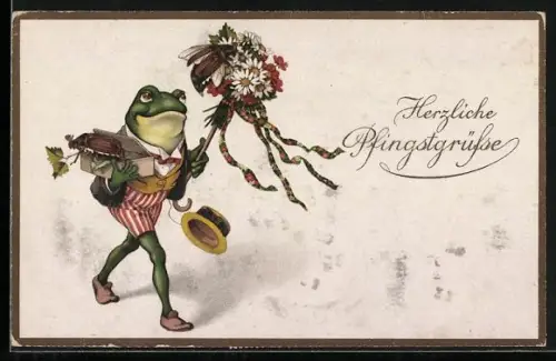 AK Frosch mit Blumenstrauss und Maikäfer in einem Karton, Herzliche Pfingstgrüsse
