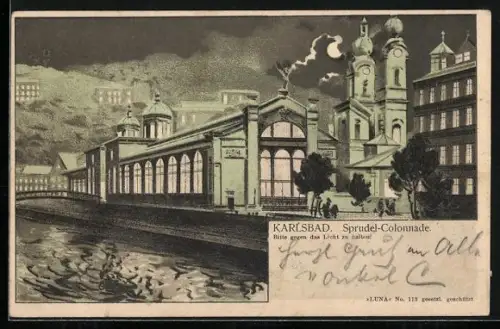 Lithographie Karlsbad, Sprudel-Colonnade mit leuchtenden Fenstern bei Halt gegen das Licht