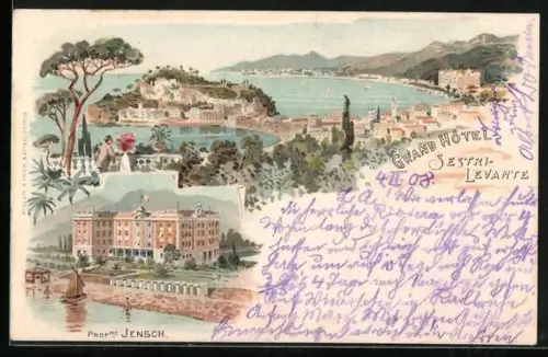 Lithographie Sestri-Levante, Grand Hotel v. Jensch, Ortspanorama