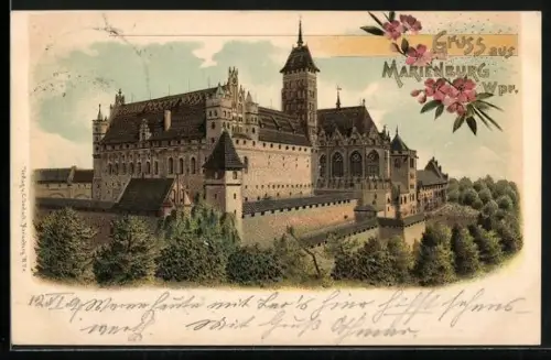 Lithographie Marienburg /Wpr., Burg aus der Vogelschau