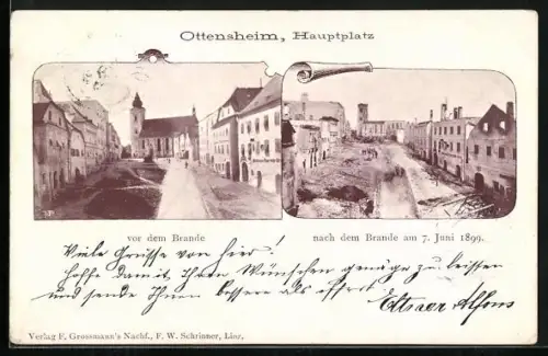 AK Ottensheim, Hauptplatz vor und nach dem Brand am 7. Juni 1899