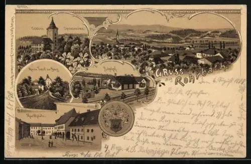 Lithographie Rohrbach /O.-Oe., Schloss Sprinzenstein, Bahnhof, Marktplatz, Maria Trost am Berg, Wappen