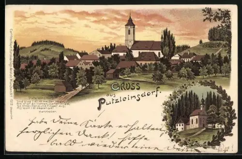 Lithographie Putzleinsdorf, Bründl, Ortsansicht im Abendlicht