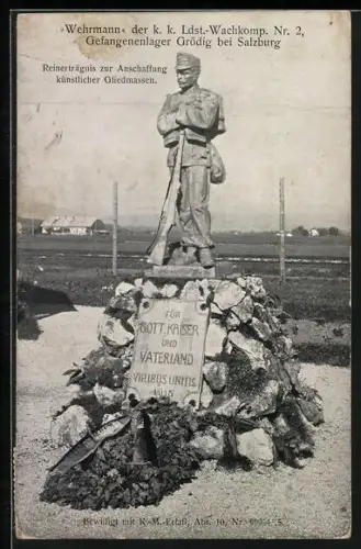 AK Grödig b. Salzburg, Wehrmann der k. k. Ldst.-Wachkomp. Nr. 2 im Gefangenenlager, Kriegshilfe