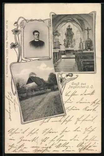 AK Pergkirchen, Innenansicht der Kirche mit einem Portrait vom Pfarrer