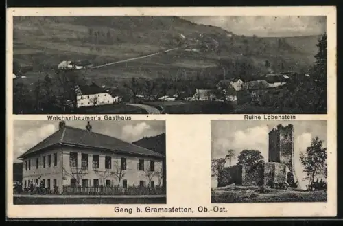 AK Geng b. Gramastetten, Weichselbaumer`s Gasthaus, Ruine Lobenstein, Ortsansicht aus der Vogelschau