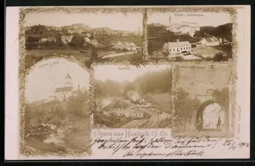 AK Haslach /O.-Oe., Bahnhof, Fabrik und Turbinenhaus, Untere Thor Gasse, Kirche