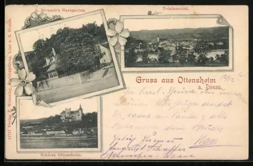 AK Ottensheim, Totalansicht mit Schloss Ottensheim und Gastgarten