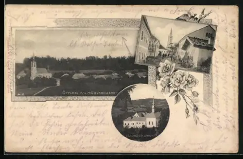 AK Sieghartskirchen, Öpping a. d. Mühlkreisbahn, Ortspartie mit Kirche, Schloss Götzendorf, Dorfplatz
