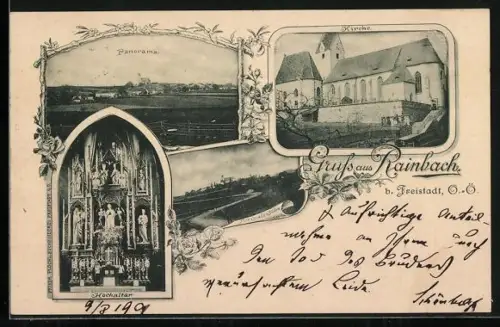 AK Rainbach b. Freistadt, Kirche, Hochaltar, Ortsansicht von Süden aus