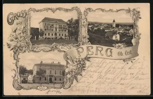 AK Perg /Ob. Öst., Rathaus und Schule, Ortsansicht mit Kirche