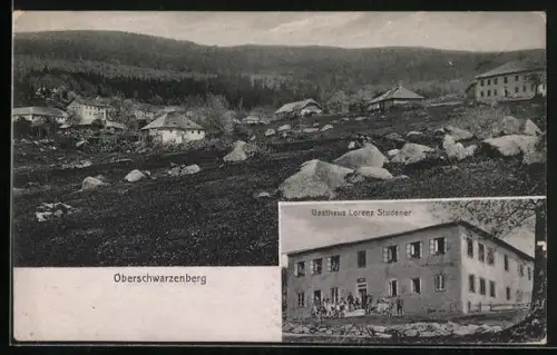 AK Schwarzenberg am Böhmerwald, Oberschwarzenberg, Gasthaus Lorenz Studener, Blick auf den Ort