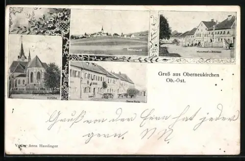 AK Oberneukirchen /Ob.-Öst., Monument z. Brunnen, Kirche, Obere Zeile