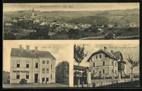 AK Gramastetten, Neue Schule, Villa des Herrn Dr. Beimrohr, Ortsansicht