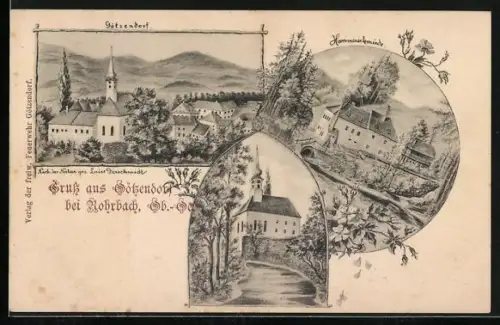 Künstler-AK Oepping /O.-Oe., Götzendorf bei Rohrbach, Hammerschmiede, Kirche, Ortsansicht