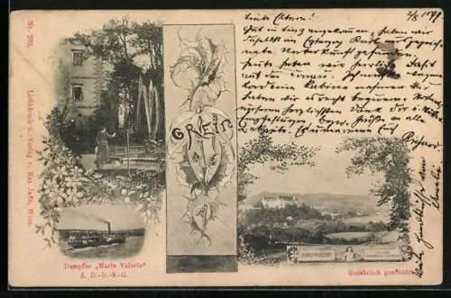 AK Grein, Springbrunnen im Ort, Dampfer Marie Valerie