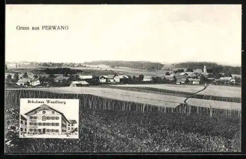 AK Perwang, Bräuhaus Wendlberg, Ortspanorama mit Feldern