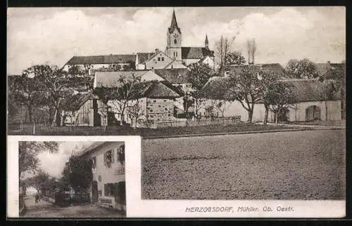 AK Herzogsdorf /Mühlkr., K. k. Postamt, Ortsansicht mit Kirche