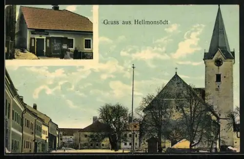 AK Hellmonsödt, Warenhandlung, Platz mit Kirche