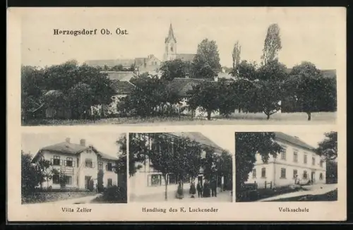 AK Herzogsdorf /Ob. Öst., Handlung K. Luckeneder, Villa Zeller, Volksschule, Ortsansicht