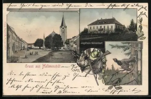 AK Hellmonsödt, Jagdhaus Hahnenhort, Platz mit Kirche, Auerhahn