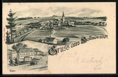 Lithographie Hellmonsödt, Gasthaus zur Glasau u. Brauerei Hagen, Ortsansicht