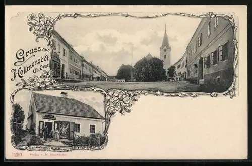 AK Hellmonsödt /Ob. Oest., Enzenhofers Handlung, Platz mit Kirche