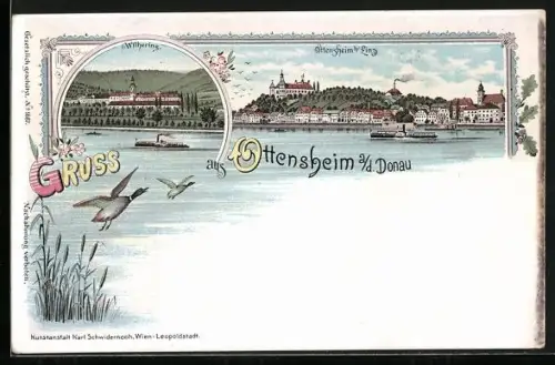 Lithographie Ottensheim a. d. Donau, Withering mit Dampfer, Gesamtansicht mit Dampfer