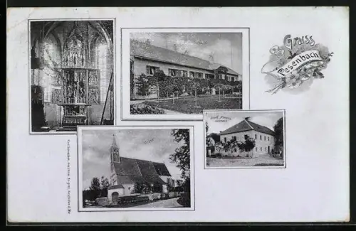 AK Feldkirchen an der Donau, Pesenbach, Josef Maiers Gasthaus, Schloss, Kirche