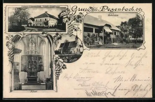 AK Feldkirchen an der Donau, Pesenbach, Peissls Gasthaus, Krämerei J. Hammerschmid, Kirche, Altar, Schloss