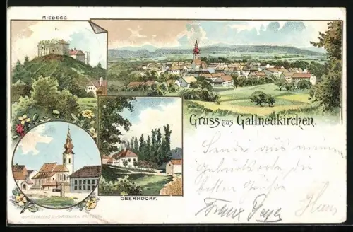 Lithographie Gallneukirchen, Kirche, Riedegg, Oberndorf