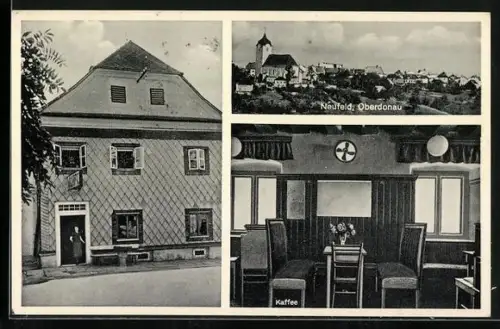 AK Neufelden, Cafe 3 Mädelhaus mit Innenansicht, Ortsansicht aus der Vogelschau