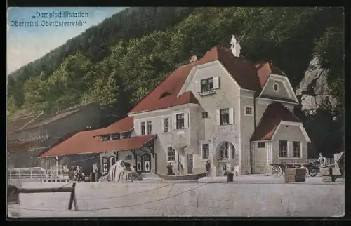 AK Kirchberg ob der Donau, Obermühl, Dampfschiffstation mit Arbeitern