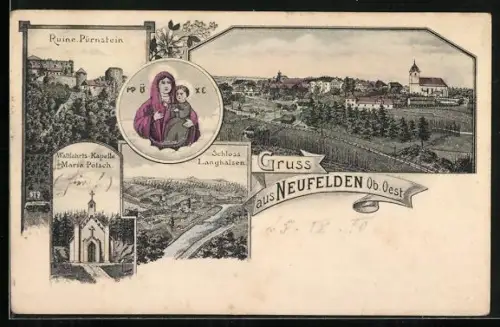 Lithographie Neufelden /Ob. Oest., Wallfahrtskapelle Maria Pötsch, Ruine Pürnstein, Schloss Langhalsen