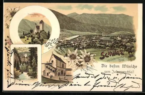 Lithographie Schwaz i. Unterinnthal, St. Michaels-Kapelle, Freundsberg, Ortsansicht
