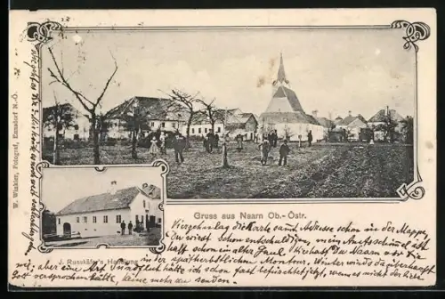 Leporello-AK Naarn /Ob.-Östr., J. Russkäfers Handlung, Ortsansicht