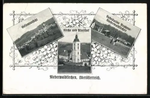 AK Niederwaldkirchen /Oberösterreich, Bahnstation Neuhaus-Niederwaldkirchen, Kirche und Pfarrhof, Ortsansicht
