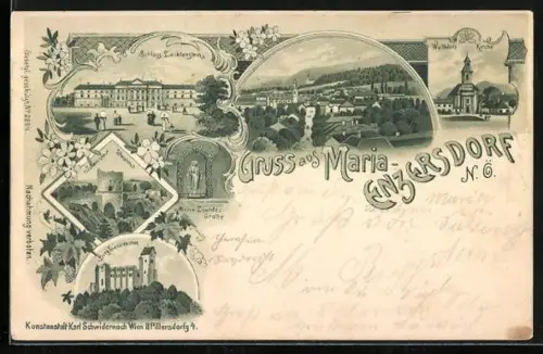 Lithographie Maria-Enzersdorf /N. Ö., Schloss Liechtenstein, Wallfahrtskirche, Schwarzer Thurm, Burg