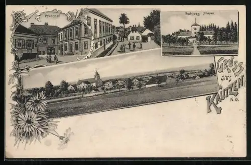 Lithographie Kautzen /N. Ö., Pfarrhof, Schloss Illmau, Ortsansicht