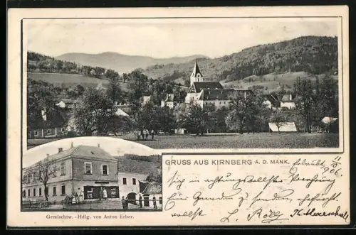 AK Kirnberg a. d. Mank, Gemischtw.-Hdlg. v. Anton Erber, Ortsansicht mit Kirche