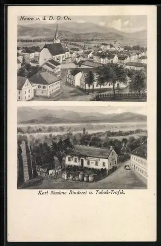 AK Naarn a. d. D., Karl Nusime Binderei u. Tabak-Trafik, Ortsansicht