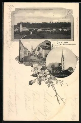 AK Sieghartskirchen, Öpping an der Mühlkreisbahn, Dorfplatz, Pfarrhof, Kirche und Schule