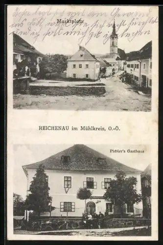 AK Reichenau / Mühlkreis, Pichlers Gasthaus, Marktplatz mit Kirchblick