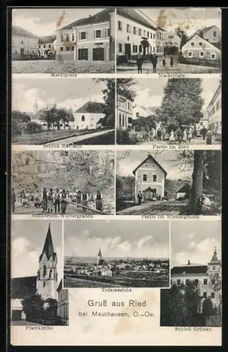 AK Ried in der Riedmark, Steinbruch Wienergraben, Marktplatz, Schloss Grünau, Schloss Marbach
