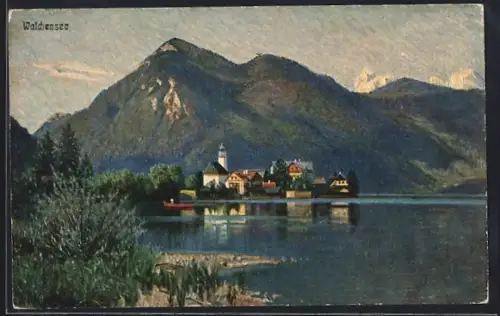 Künstler-AK Walchensee bei Kochel, Seeansicht vor Bergkulisse